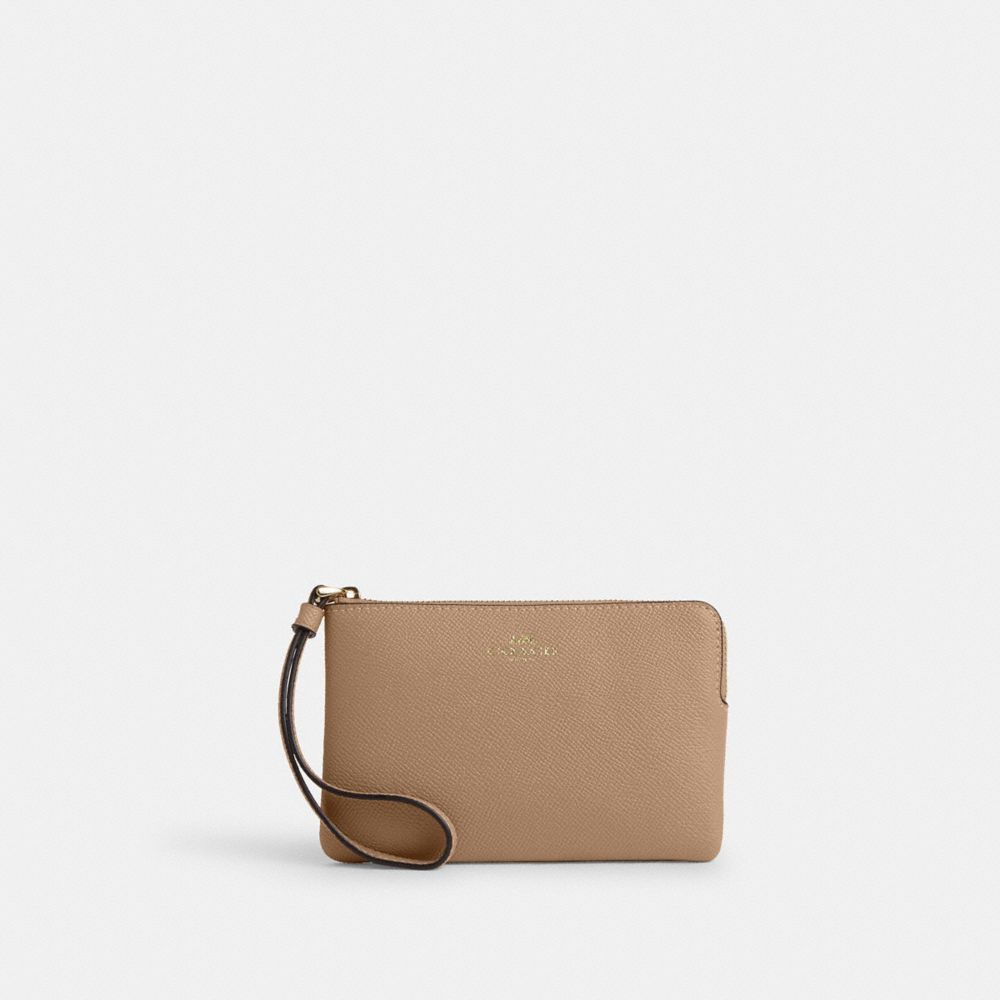 COACH®,CORNER ZIP WRISTLET,Crossgrain Leather,Mini,Gold/Taupe,Front View