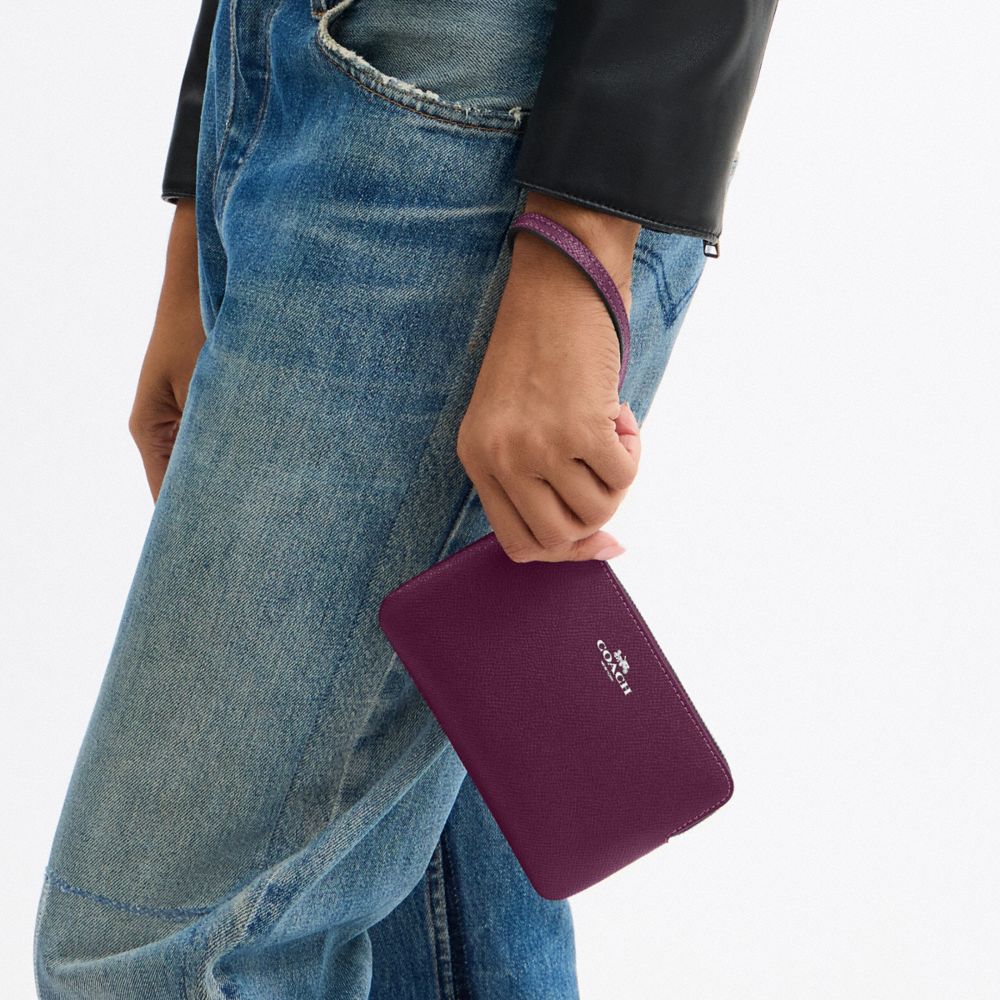 COACH®,Corner Zip Wristlet,Leather,Pouch,Wristlet,Word Embellishment,Logo,Maroon,Detail View