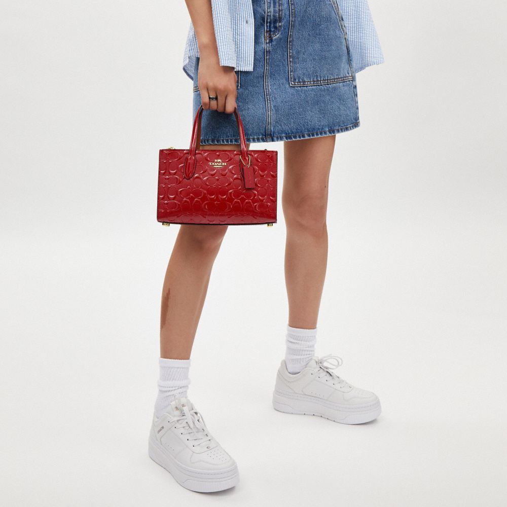 COACH®,Nina Small Tote Bag In Signature Leather,Satchel,Day Party,Maroon,Detail View