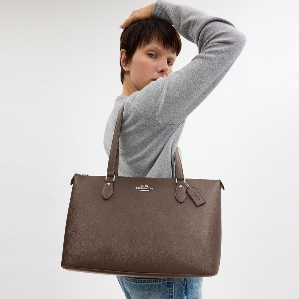 COACH®,Gallery Tote Bag,Lining Lining Fabric Content,Leather,Tote,Logo,Metal,Casual,Brown,Detail View