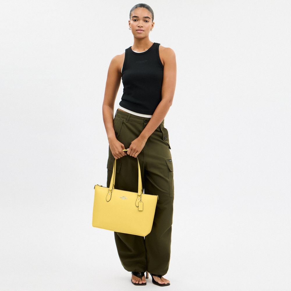 COACH®,Gallery Tote Bag,Leather,Tote,Logo,Metal,Casual,Yellow,Detail View