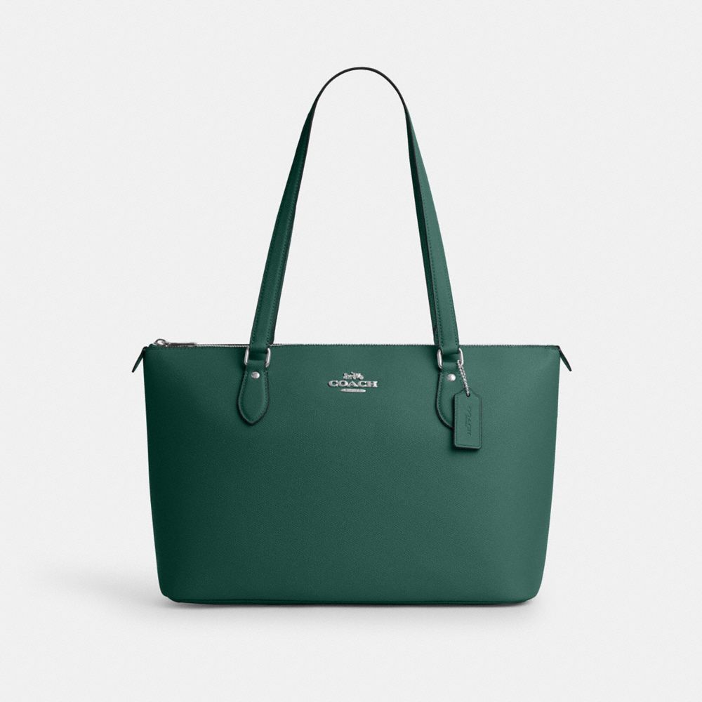 COACH®,SAC CABAS GALERIE,Cuir Cross-grain,Argent/Vert émeraude,Front View