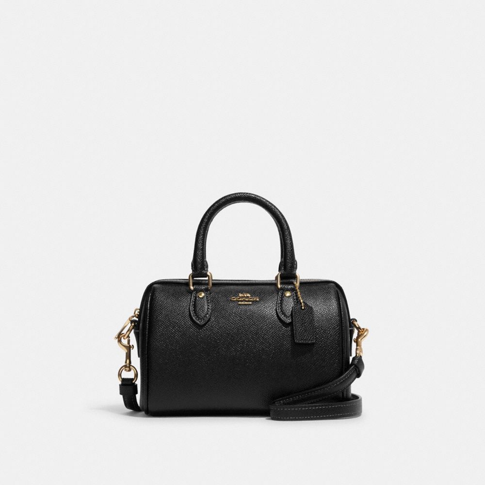 COACH®,MINI SAC BANDOULIÈRE ROWAN,Cuir Cross-grain,Doré/Noir,Front View