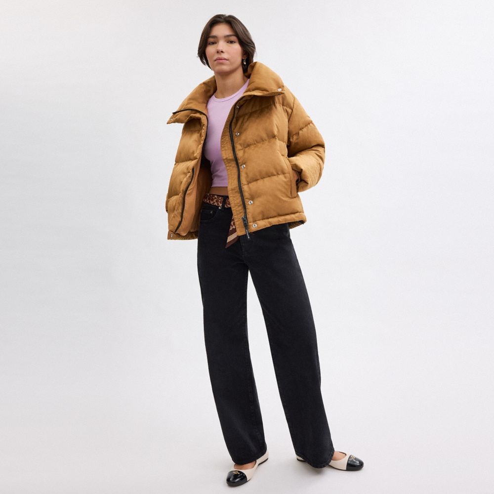 COACH®,Signature Jacquard Short Puffer In Recycled Polyamide,Polyamide,Polyester,Puffer,Down,Quilted,Sustainable,Casual,,Scale View