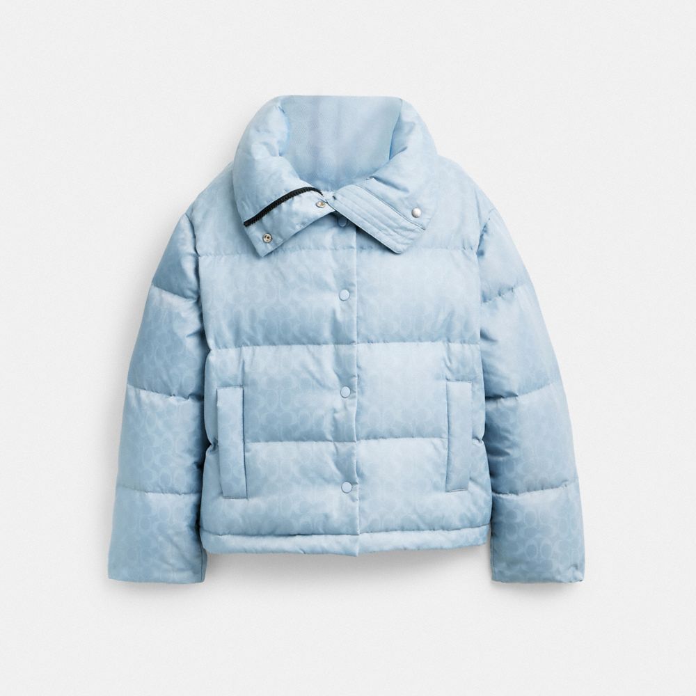 COACH®,Signature Jacquard Short Puffer In Recycled Polyamide,Polyamide,Polyester,Puffer,Down,Quilted,Sustainable,Casual,Blue,Front View