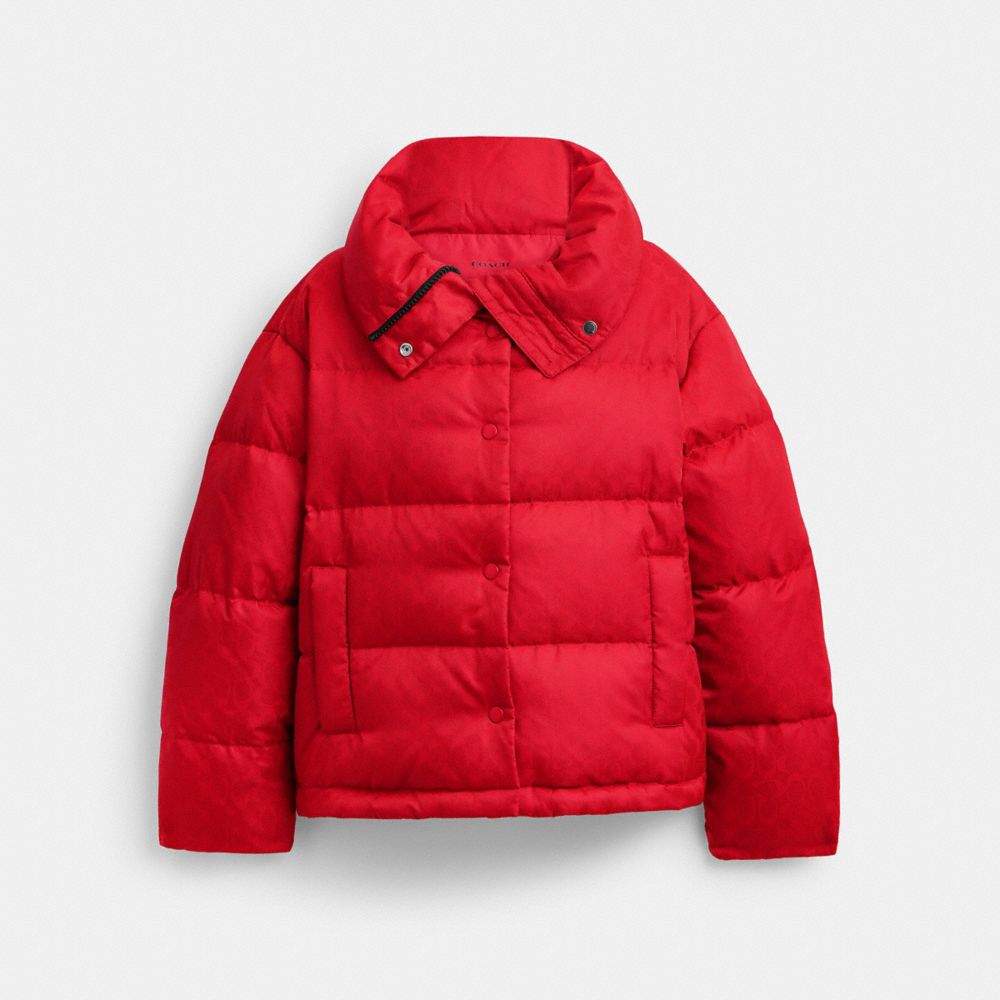 COACH®,Signature Jacquard Short Puffer In Recycled Polyamide,Red,Front View