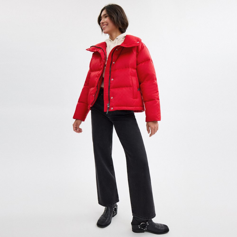 COACH®,Signature Jacquard Short Puffer In Recycled Polyamide,Polyamide,Polyester,Puffer,Down,Quilted,Sustainable,Casual,Red,Scale View