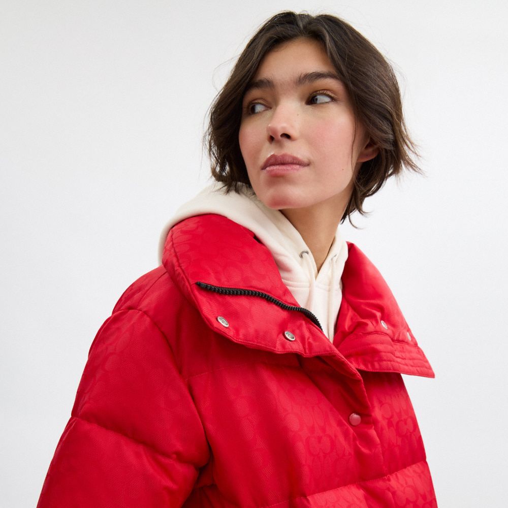 COACH®,Signature Jacquard Short Puffer In Recycled Polyamide,Polyamide,Polyester,Puffer,Down,Quilted,Sustainable,Casual,Red,Detail View