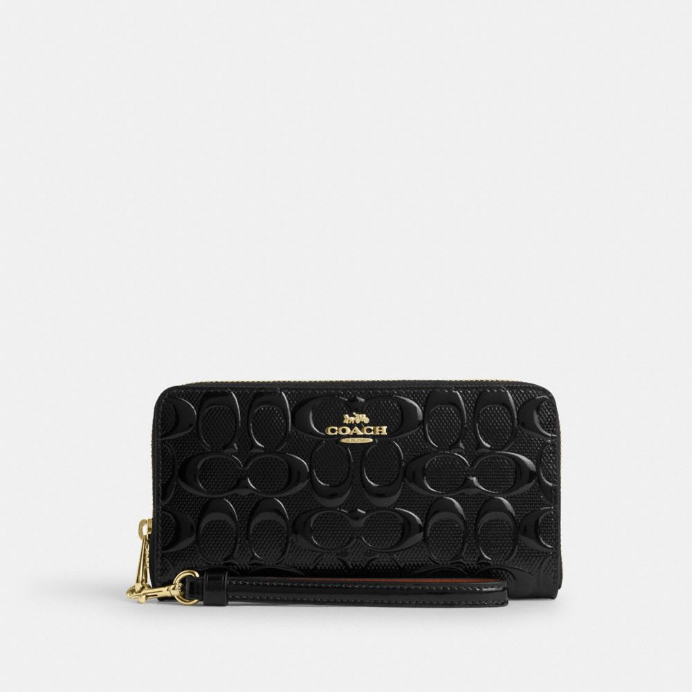 Gold Black Long Zip Around Wallet In Signature Leather