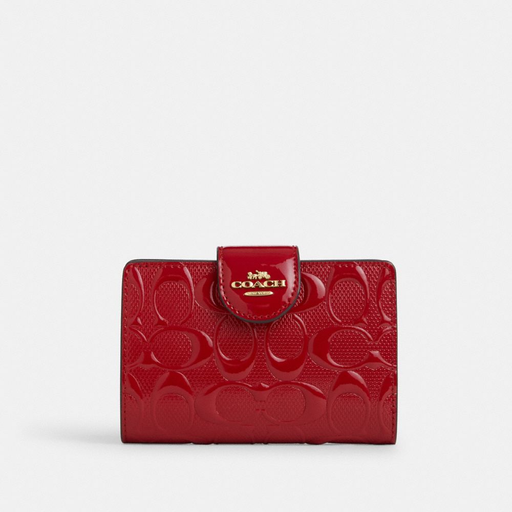 Gold Red Medium Corner Zip Wallet In Signature Leather