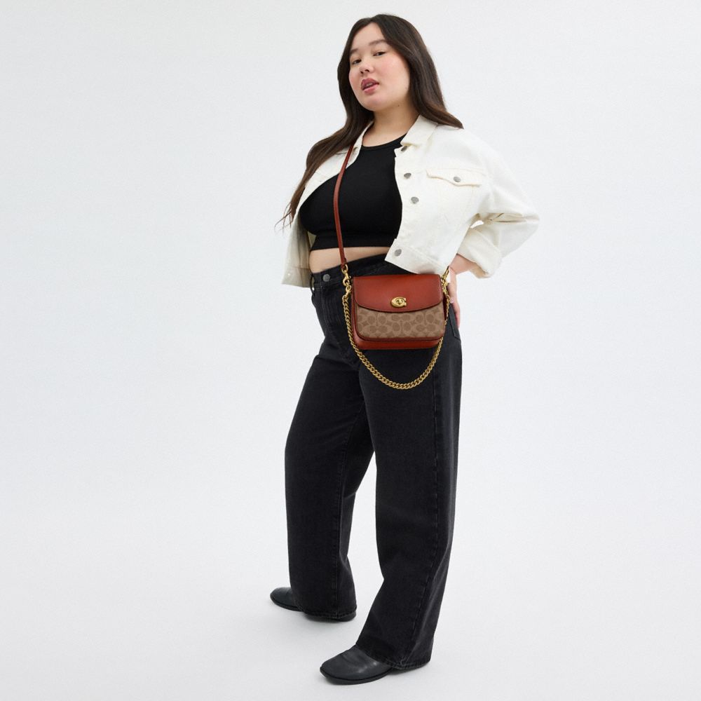 COACH®,Cassie Crossbody Bag 19 In Signature Canvas,Canvas,Leather,Crossbody,Color Block,Compact,Brass,Day Party,Brown