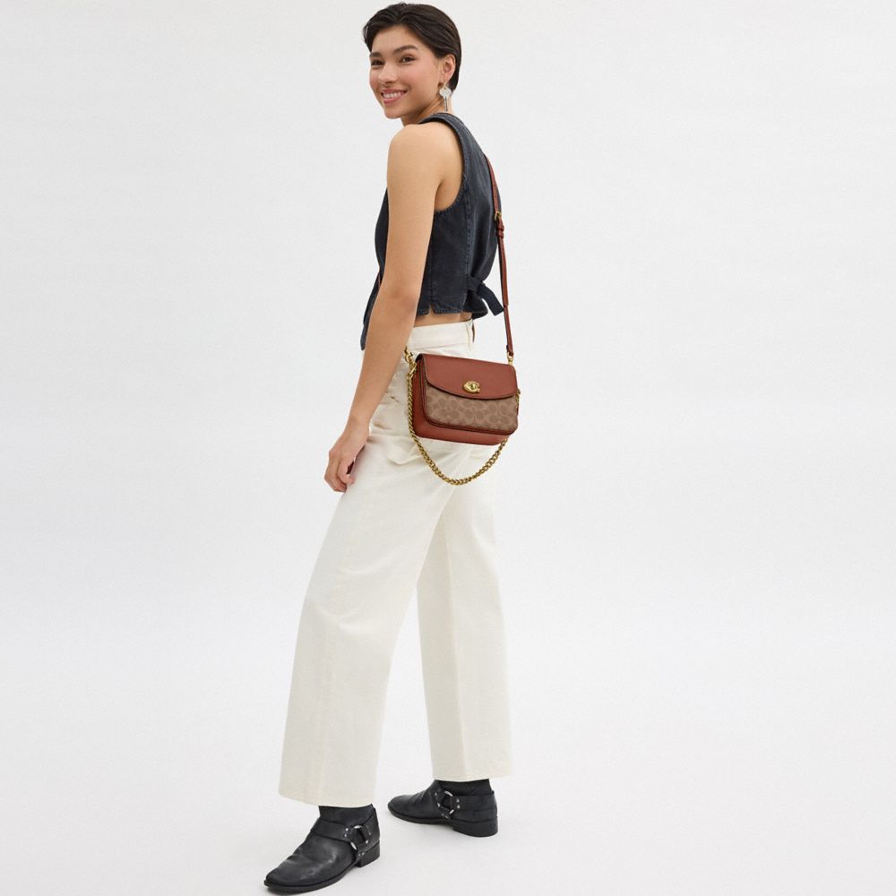 COACH®,Cassie Crossbody Bag 19 In Signature Canvas,Canvas,Leather,Crossbody,Color Block,Compact,Brass,Day Party,Brown