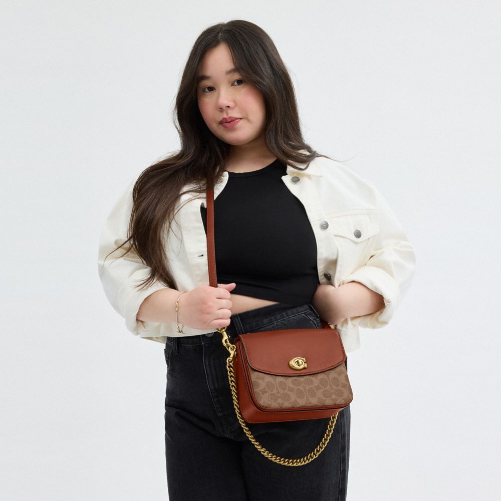 COACH®,Cassie Crossbody Bag 19 In Signature Canvas,Canvas,Leather,Crossbody,Color Block,Compact,Brass,Day Party,Brown