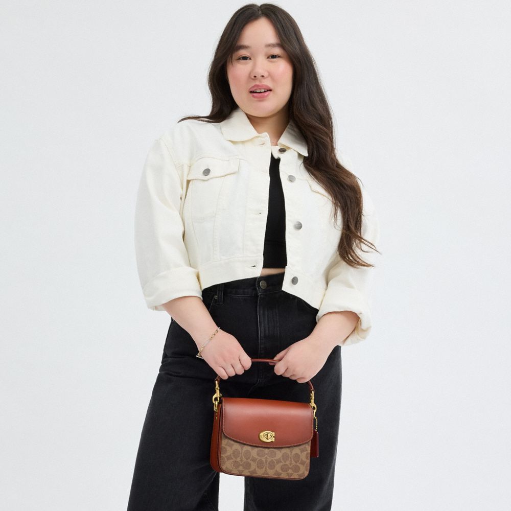 COACH®,Cassie Crossbody Bag 19 In Signature Canvas,Canvas,Leather,Crossbody,Color Block,Compact,Brass,Day Party,Brown,Detail View