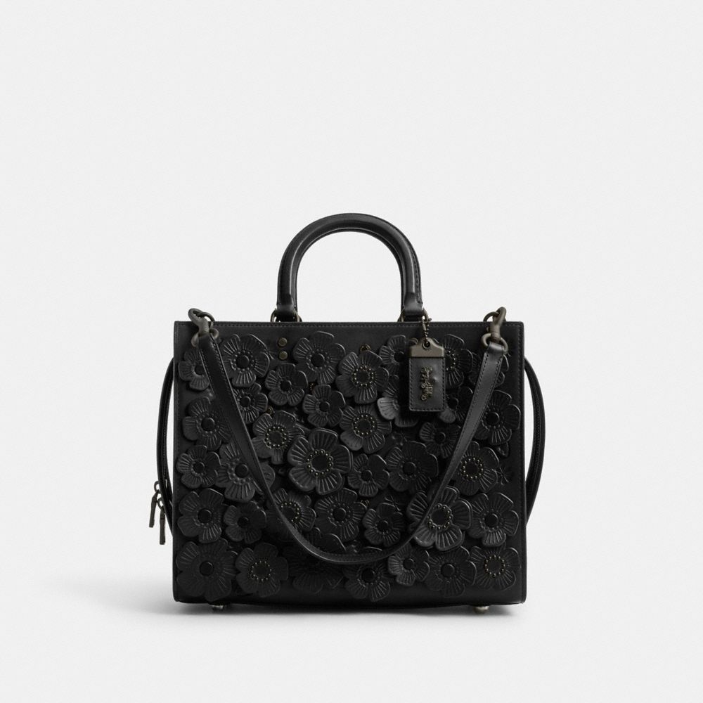 COACH®,ROGUE BAG WITH TEA ROSE,Glovetanned Leather,Large,Matte Black/Black,Front View