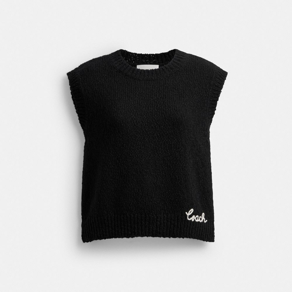 COACH®,Crewneck Sweater Vest In Organic Cotton,Cotton,Alpaca,Pullover,Vest,Logo,Embroidered,Casual,Black,Front View image number 0