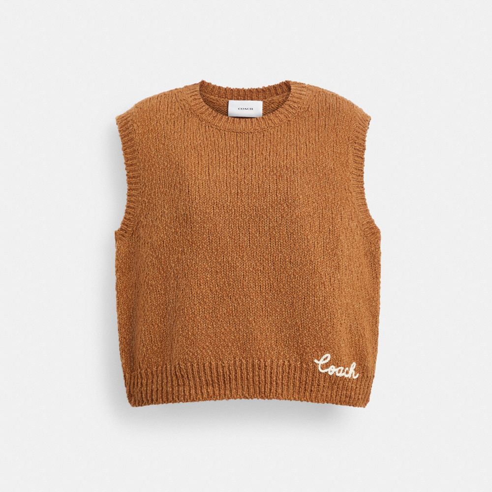 COACH®,Crewneck Sweater Vest In Organic Cotton,Cotton,Alpaca,Pullover,Vest,Logo,Embroidered,Casual,Brown,Front View image number 0