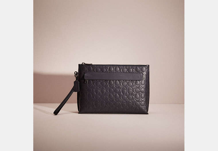 COACH®,RESTORED POUCH IN SIGNATURE LEATHER,Midnight,Front View