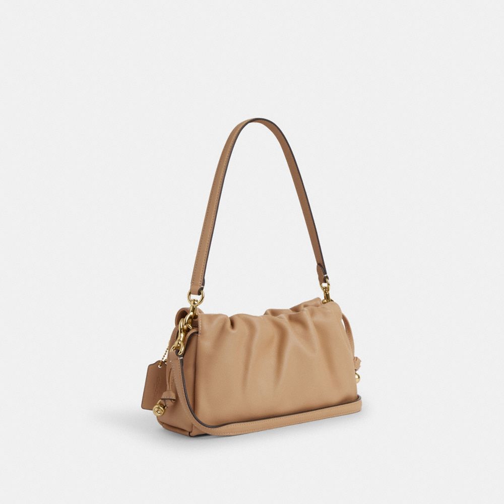 COACH®,Faye Shoulder Bag With Ruching,Shoulder Bag,Drawstring,Logo,Ball Embellishment,Metal,Casual,Beige,Angle View