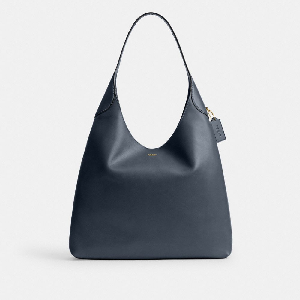 COACH®,SAC À PORTÉ-ÉPAULE BROOKLYN 39,Cuir grainé naturel,Laiton/Denim,Front View