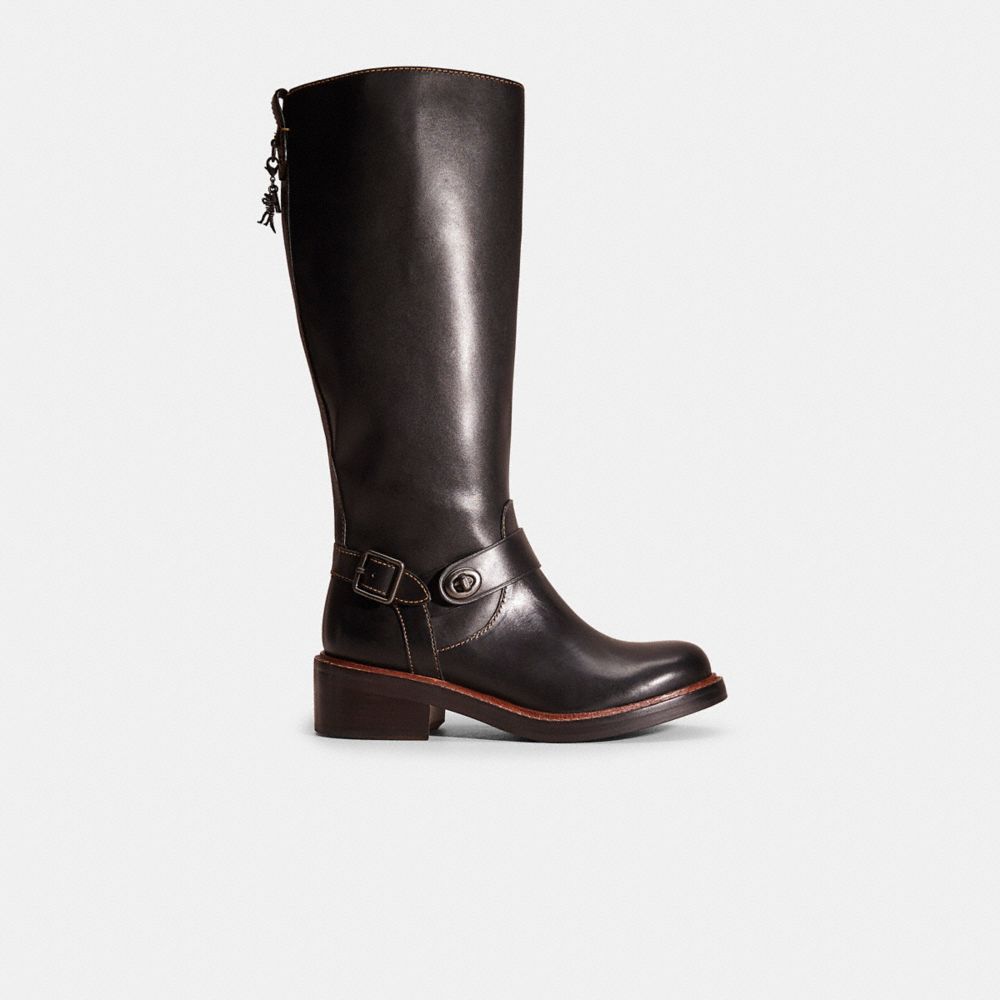 COACH®,Restored Sutton Boot,Leather,Rubber,Riding,Belt,Mixed Metal,Casual,Black,Front View