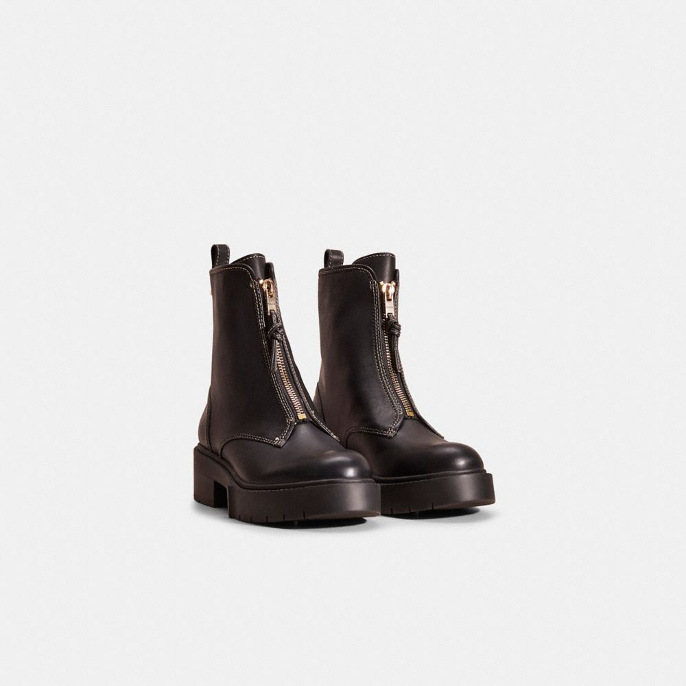 COACH®,Restored Liza Bootie,Leather,Rubber,Bootie,Foam,Logo,Metal,Stitching,Pull Tab,Casual,Black,Angle View