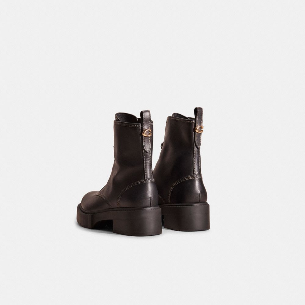 COACH®,Restored Liza Bootie,Leather,Rubber,Bootie,Foam,Logo,Metal,Stitching,Pull Tab,Casual,Black,Back View