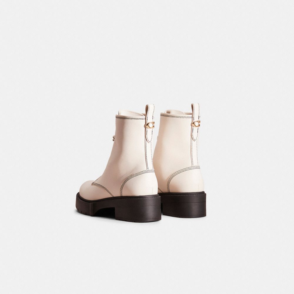 COACH®,Restored Liza Bootie,Leather,Rubber,Bootie,Foam,Logo,Metal,Stitching,Pull Tab,Casual,Cream,Back View