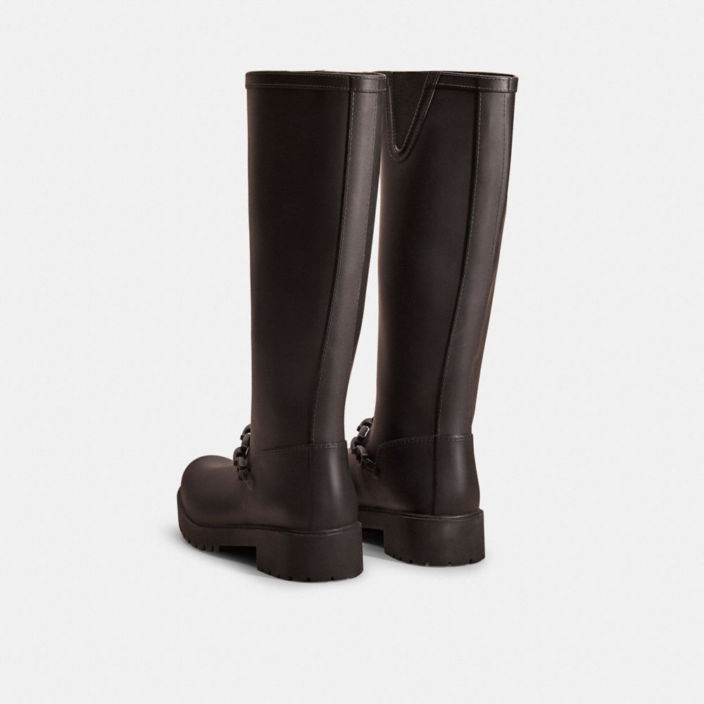 COACH®,Restored Westerly Tall Rain Boot,Rubber,Boots,Logo,Chain Detail,Traction,Sustainable,Pull Tab,Waterproof,Casual,Brown,Back View
