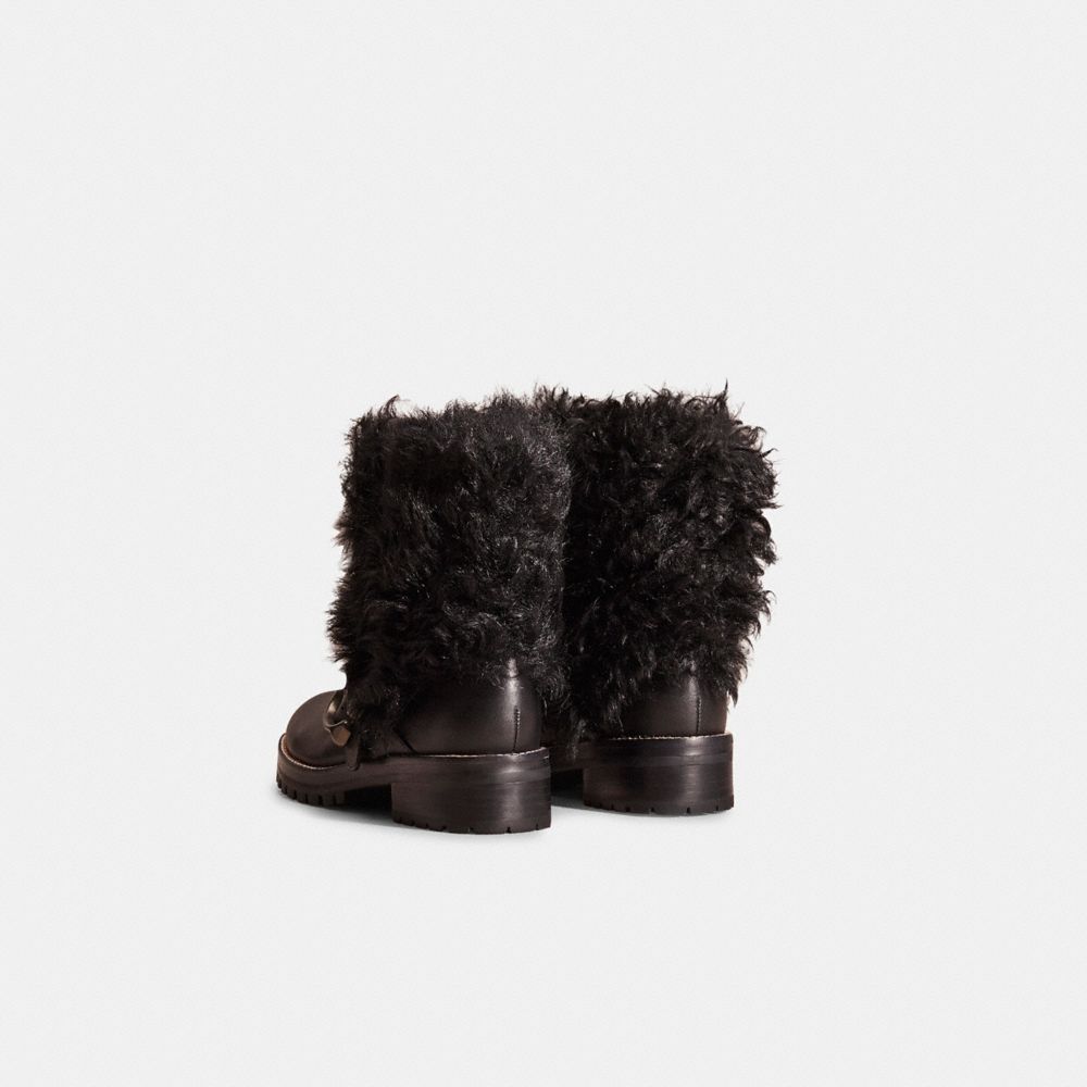 COACH®,Restored Leighton Bootie,Shearling,Leather,Rubber,Bootie,Shearling,Traction,Antique Brass,Outdoor,Black,Back View
