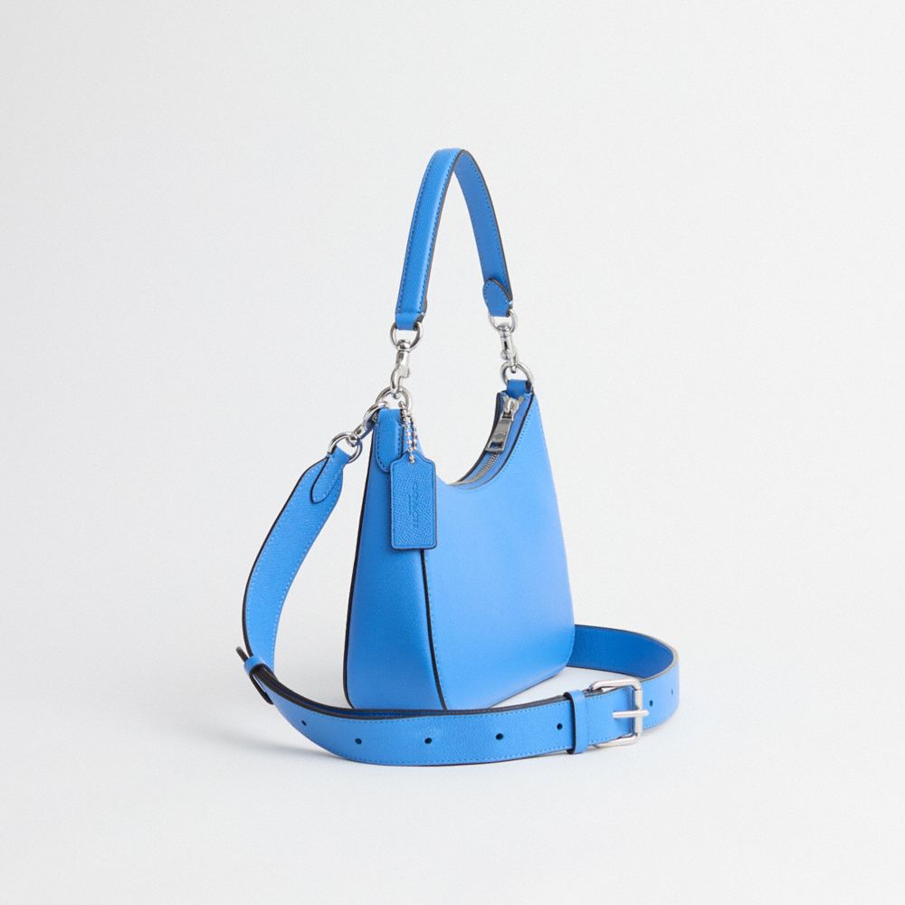 COACH®,Restored Hobo Crossbody With Signature Canvas,Leather,Crossbody,Logo,Metal,Scratch Resistant,Casual,Blue,Angle View