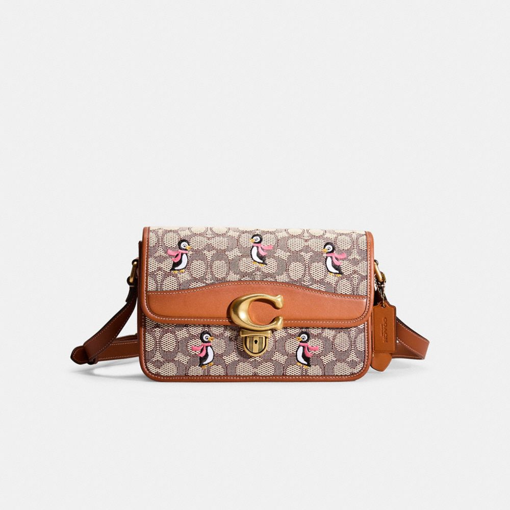 COACH®,Restored Studio Shoulder Bag In Signature Jacquard With Penguin Motif,Cotton Blend,Leather,Crossbody,Piping,Color B...,Brown,Front View