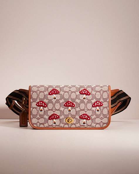 COACH®,RESTORED DINKY BELT BAG IN SIGNATURE TEXTILE JACQUARD WITH MUSHROOM MOTIF EMBROIDERY,Brass/Cocoa,Front View