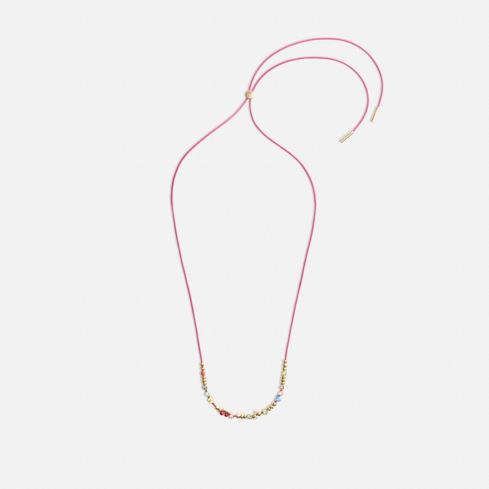 COACH®,Cherry And Heart Multi Charm Leather Wrap Necklace,Leather,Single Strand,Glass,Crystal,Cubic Zirconia,Novelty Embel...,Fuchsia,Inside View,Top View
