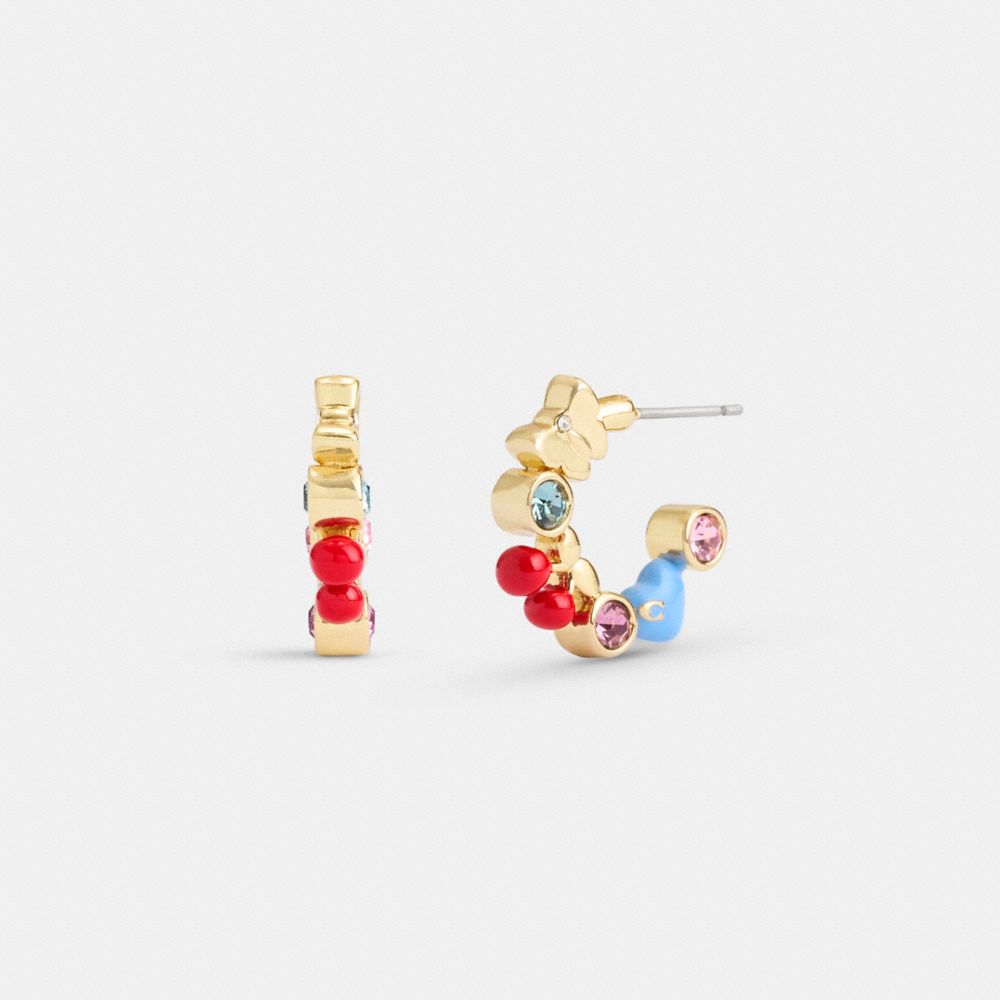 COACH®,CHERRY AND HEART MULTI CHARM HUGGIE EARRINGS,Gold/Multi,Front View