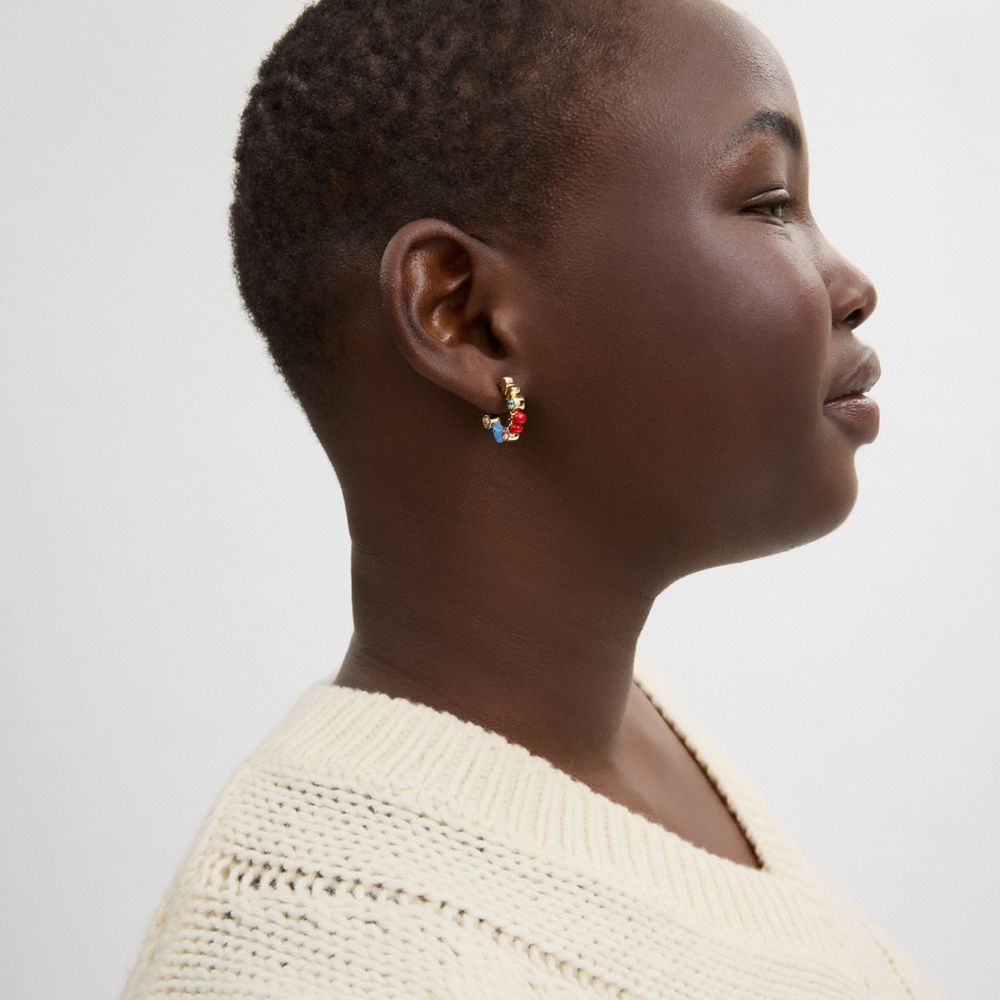 COACH®,Cherry And Heart Multi Charm Huggie Earrings,Hoops,Enamel,Cubic Zirconia,Crystal,Glass,Bead Embellishment,Heart Emb...,Multi Color,Detail View