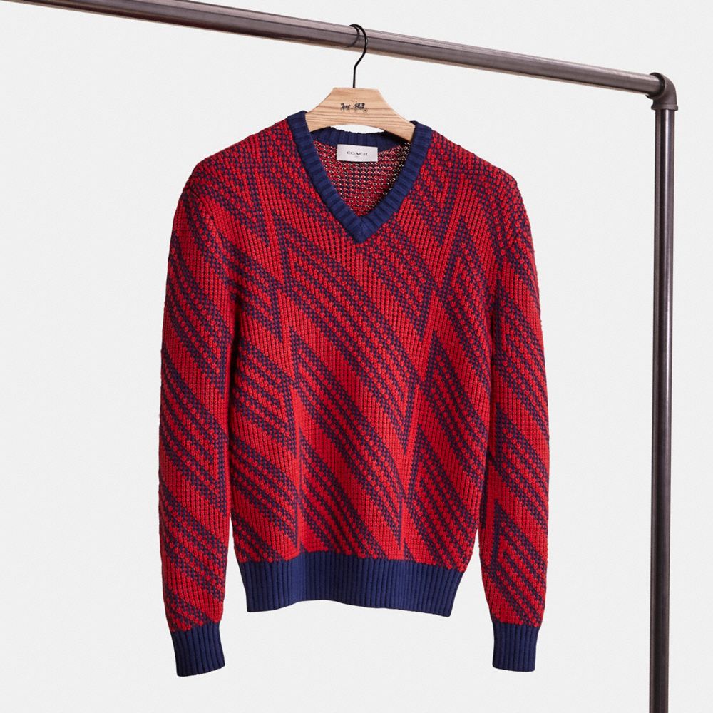 COACH®,RESTORED JACQUARD V-NECK SWEATER,Red,Front View