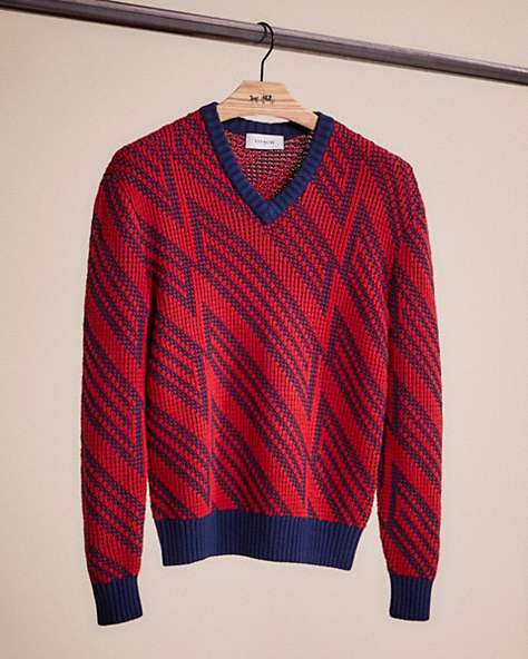 COACH®,RESTORED JACQUARD V-NECK SWEATER,Red,Front View