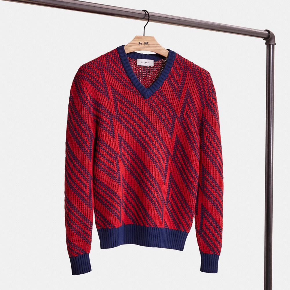 Coach Restored Jacquard V Neck Sweater In Red