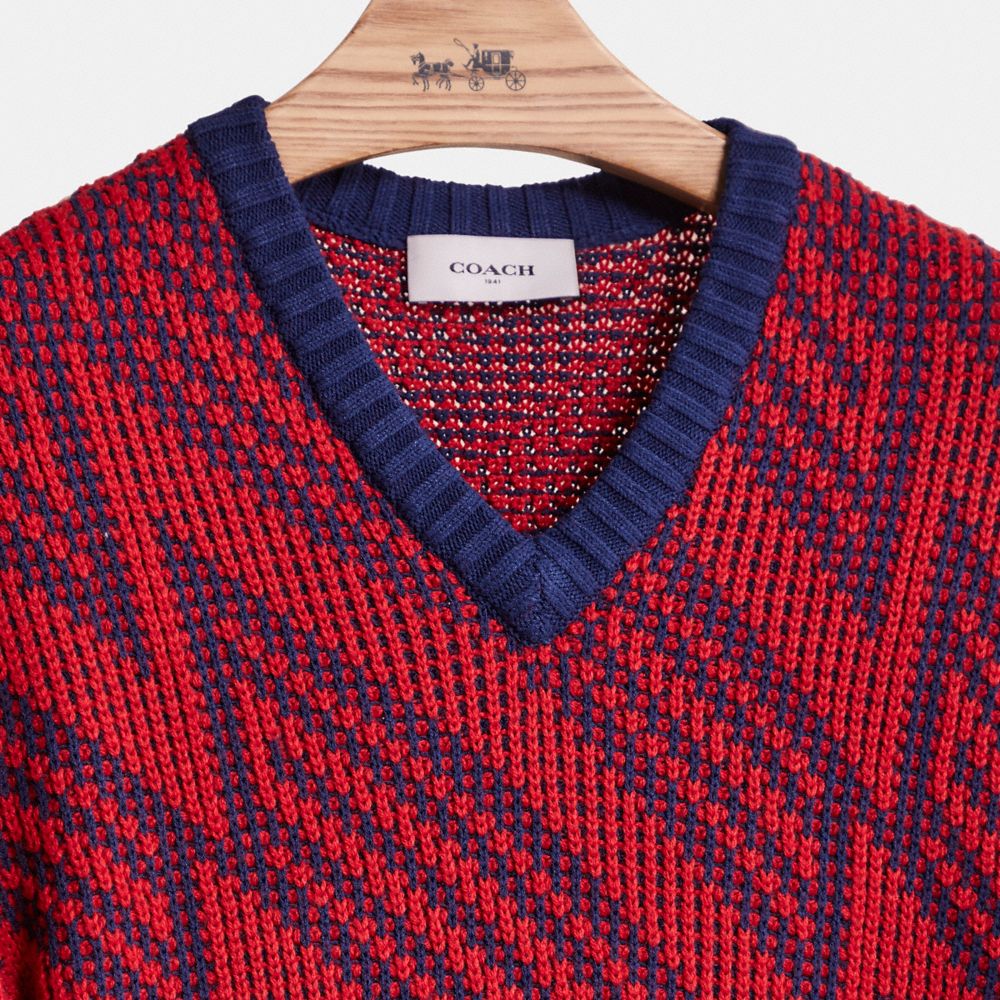 Coach Restored Jacquard V Neck Sweater In Red