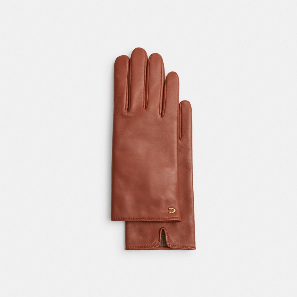 COACH®,Sculpted Signature Leather Tech Gloves,Leather,Logo,Tech Touch,Lined,Casual,Brown,Front View image number 0