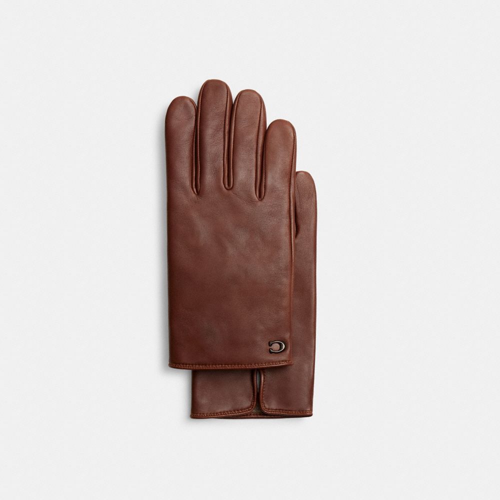 COACH®,Sculpted Signature Leather Tech Gloves,Leather,Classic Gloves,Logo,Metal,Lined,Tech Touch,Casual,Brown,Front View image number 0