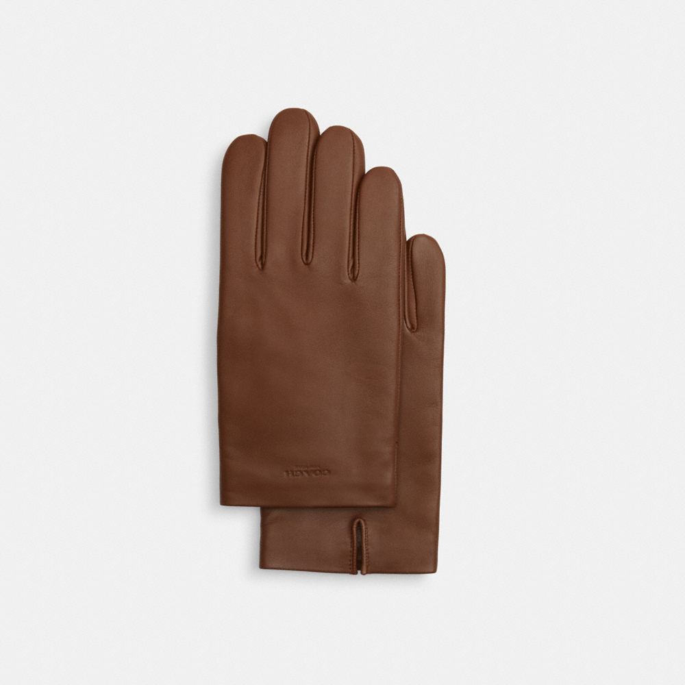 COACH®,Leather Tech Gloves,Leather,Classic Gloves,Logo,Embossed,Tech Touch,Casual,Brown,Front View