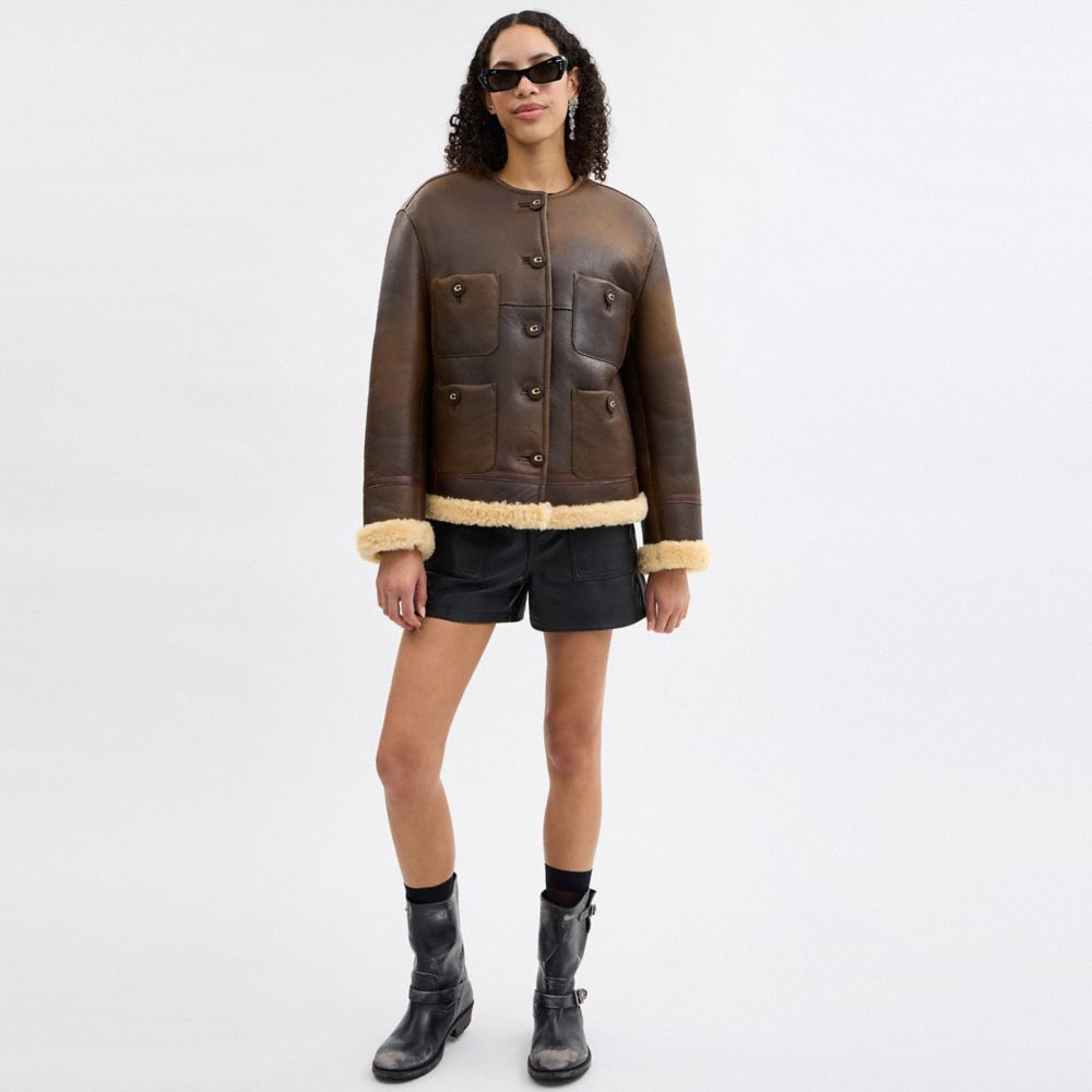 COACH®,Shearling Cardigan Jacket,Shearling,Leather,Button,Shearling,Casual,Brown,Scale View
