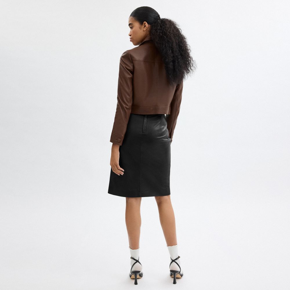 COACH®,Heritage C Leather Skirt,Viscose,Lambskin,Recycled Polyester,Straight,A-Line,Logo,Metal,Sustainable,Day Party,Black,Scale View