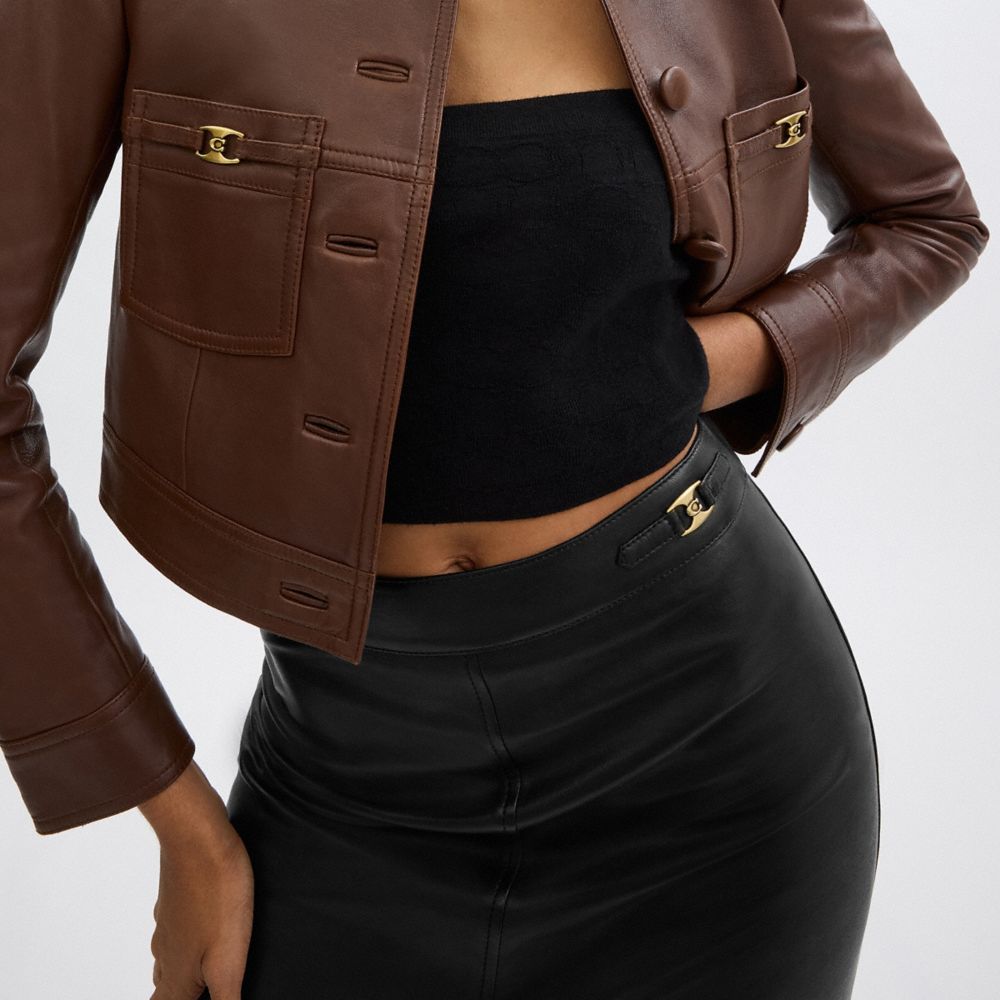 COACH®,Heritage C Leather Skirt,Viscose,Lambskin,Recycled Polyester,Straight,A-Line,Logo,Metal,Sustainable,Day Party,Black,Detail View