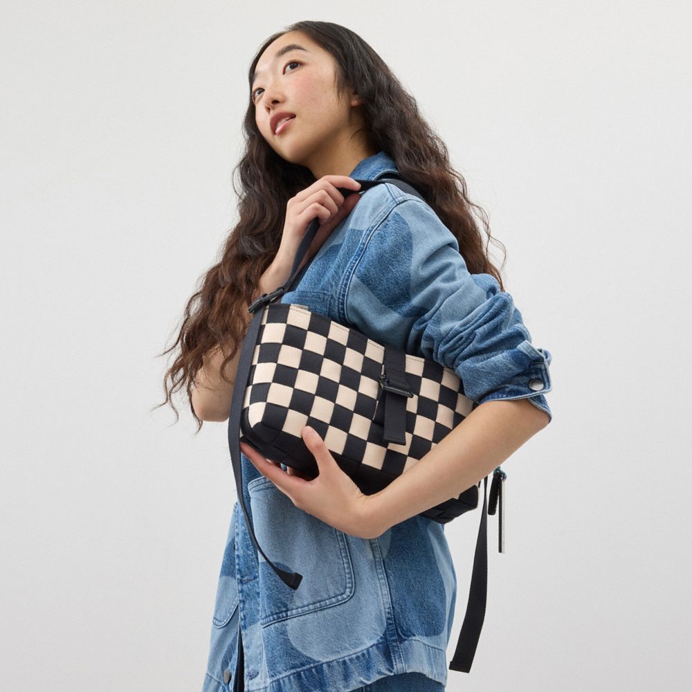 COACH®,Woven Checkerboard Shoulder Bag,Shoulder Bag,Plastic,Logo,Word Embellishment,Day Party,Black,Detail View