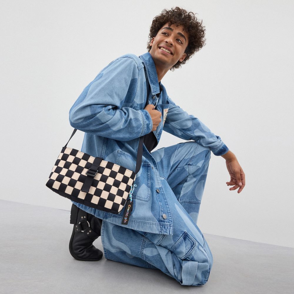 COACH®,Woven Checkerboard Shoulder Bag,Shoulder Bag,Plastic,Logo,Word Embellishment,Day Party,Black,Detail View