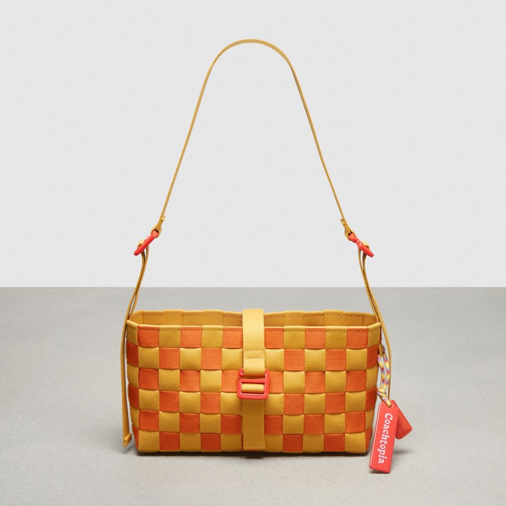 COACH®,Woven Checkerboard Shoulder Bag With Webbing,Medium,Yellow/Orange,Front View