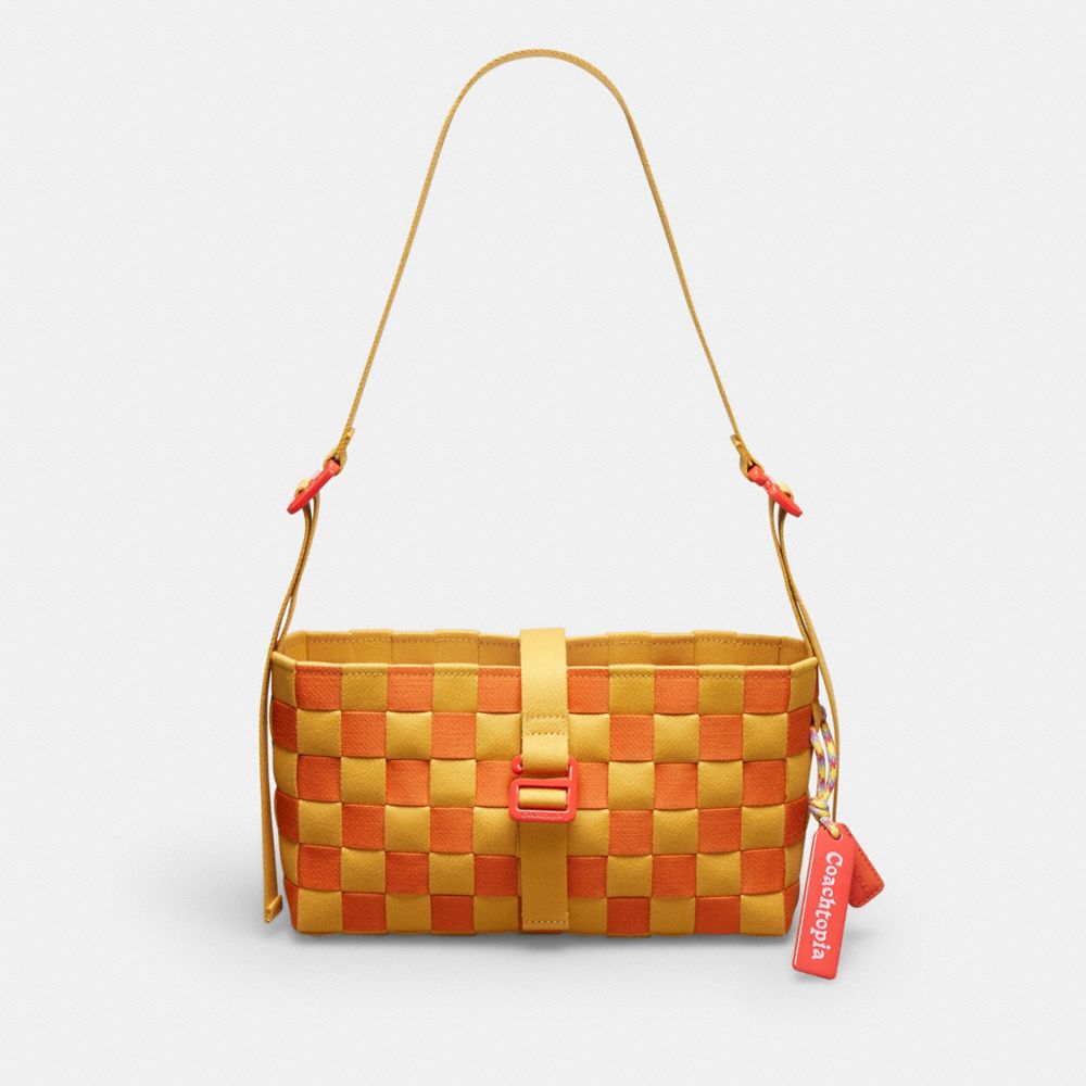 COACH®,Woven Checkerboard Shoulder Bag With Webbing,Medium,Yellow/Orange,Front View